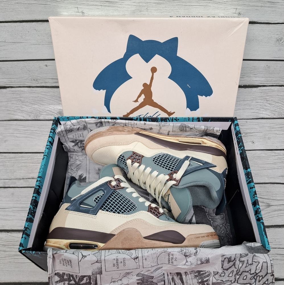 Jordan Retro 4 Sneakers in Teal, Cream, Brown and Gold Accents